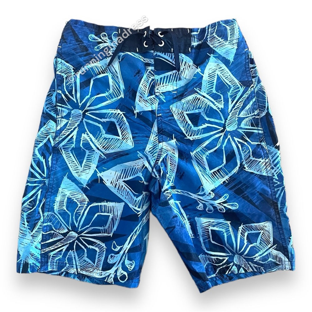 Boys Joe Boxer Adjustable Waistband Blue Tropical Hawaiian Swim Trunks Large